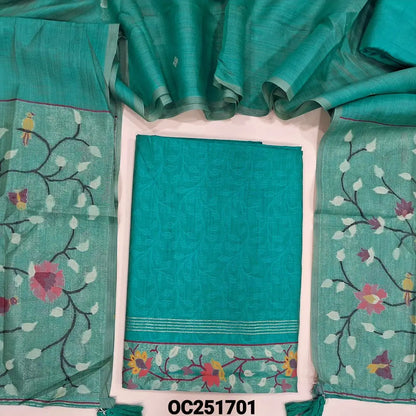 Turquoise Blue Pure jakard silk unstitched salwar material, jamdani weaving buttas on  front, paithani weaving on daman(thin, lining needed)matching bottom, jakard silk dupatta with paithani weaving pallu. OC251701