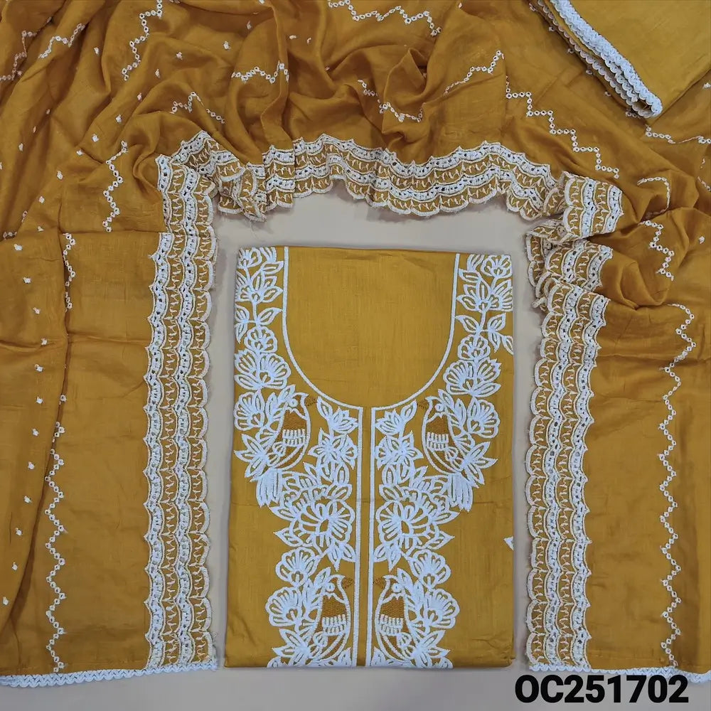 Mehandhi Yellow premium soft Cotton unstitched salwar material,(lining needed) embroidery work on front, matching cotton bottom, embroidery work on soft mul cotton dupatta with lace tapings. OC251702