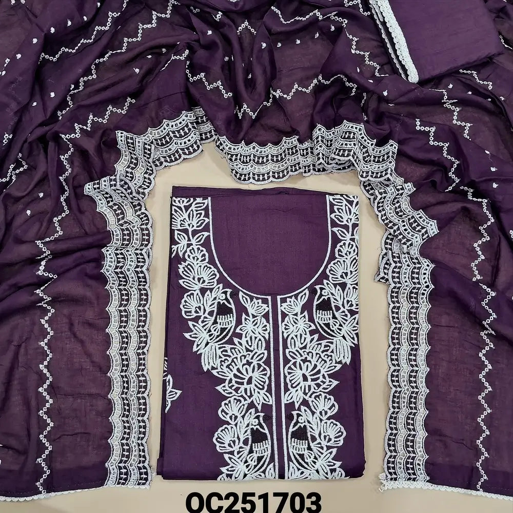 Dark purple premium soft Cotton unstitched salwar material,(lining needed) embroidery work on front, matching cotton bottom, embroidery work on soft mul cotton dupatta with lace tapings. OC251703