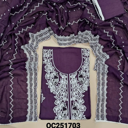 Dark purple premium soft Cotton unstitched salwar material,(lining needed) embroidery work on front, matching cotton bottom, embroidery work on soft mul cotton dupatta with lace tapings. OC251703