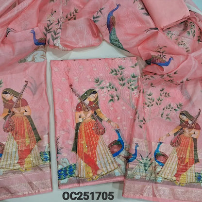 Pastel Pink Premium Silk cotton unstitched salwar material,(thin, lining needed)zari buttas all over, digital print, zardozi, bead work on daman, matching santoon bottom, digital printed  premium silk cotton dupatta. OC251705