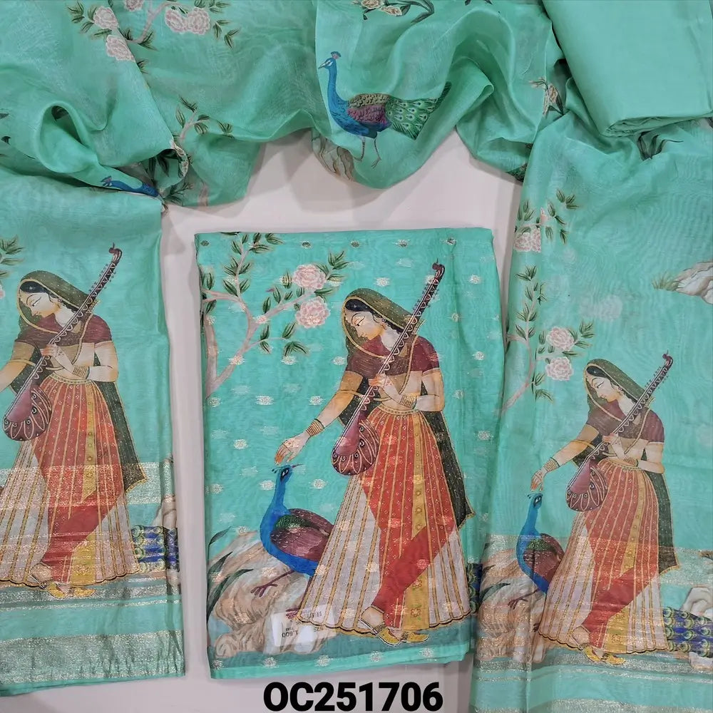 Light turquoise Green Premium Silk cotton unstitched salwar material,(thin, lining needed)zari buttas all over, digital print, zardozi, bead work on daman, matching santoon bottom, digital printed  premium silk cotton dupatta. OC251706