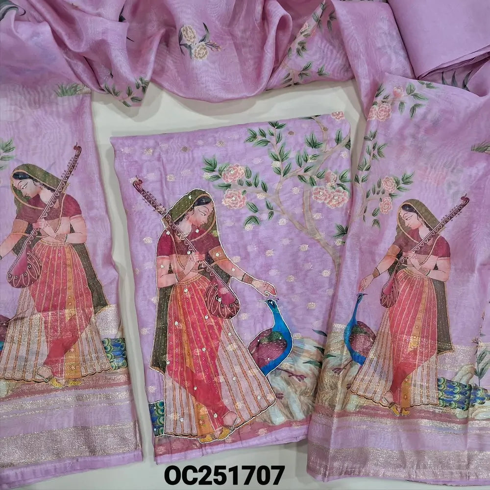 Light purplish pink Premium Silk cotton unstitched salwar material,(thin, lining needed)zari buttas all over, digital print, zardozi, bead work on daman, matching santoon bottom, digital printed  premium silk cotton dupatta. OC251707