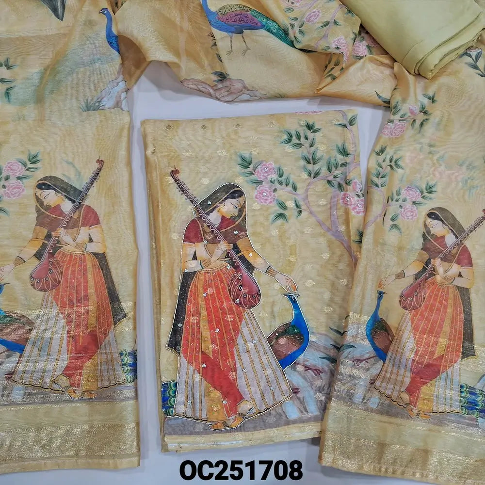 Yellowish Beige Premium Silk cotton unstitched salwar material,(thin, lining needed)zari buttas all over, digital print, zardozi, bead work on daman, matching santoon bottom, digital printed  premium silk cotton dupatta. OC251708