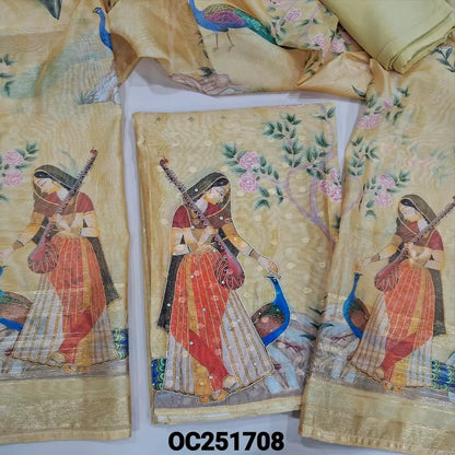 Yellowish Beige Premium Silk cotton unstitched salwar material,(thin, lining needed)zari buttas all over, digital print, zardozi, bead work on daman, matching santoon bottom, digital printed  premium silk cotton dupatta. OC251708