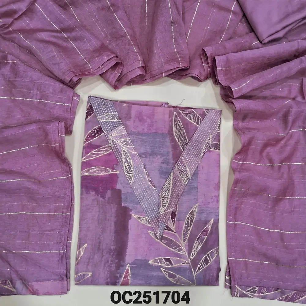 Purplish Pink digital printed Silk cotton unstitched salwar material,(silky, lining optional) v neck, zari lines on v neck, matching silky bottom, thread and sequence work on silk cotton dupatta. OC251704