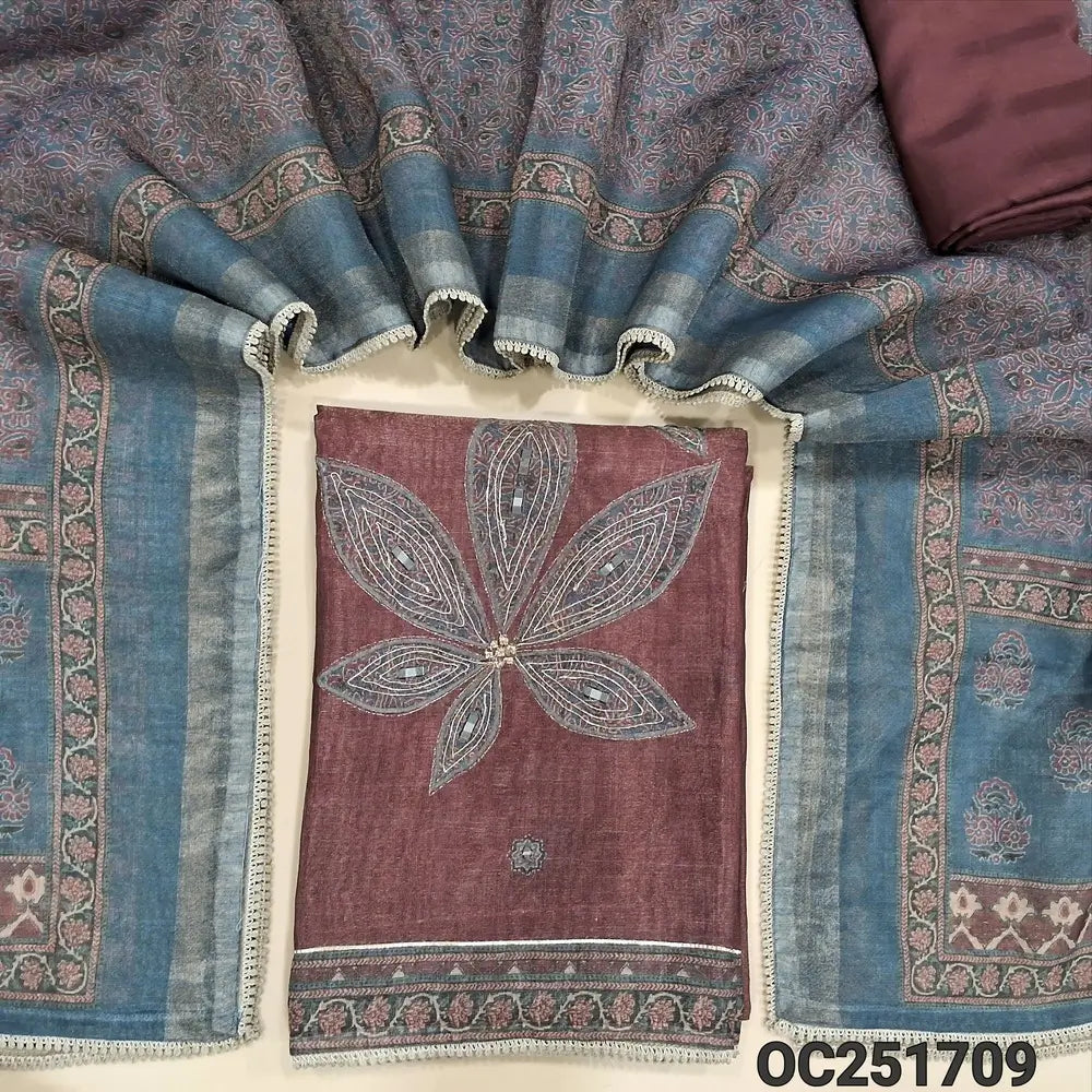 Dark Maroon Tissue silk cotton unstitched salwar material,(soft, lining needed)v neck, real mirror, zardozi work on front, matching santoon bottom, ajrak printed tissue silk cotton dupatta with tapings. OC251709