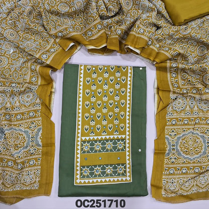 Olive Green rayon unstitched salwar material,(flowy, lining optional) digital printed, faux mirror on yoke, mehandhi yellow spun cotton bottom, ajrak printed rayon dupatta.OC251710