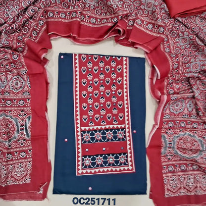 Dark Blue rayon unstitched salwar material,(flowy, lining optional) digital printed, faux mirror on yoke, red spun cotton bottom, ajrak printed rayon dupatta.OC251711