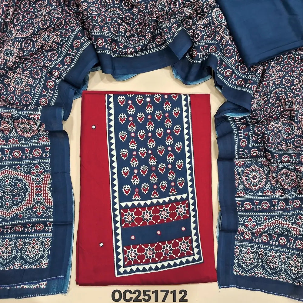 Red rayon unstitched salwar material,(flowy, lining optional) digital printed, faux mirror on yoke, dark blue spun cotton bottom, ajrak printed rayon dupatta.OC251712
