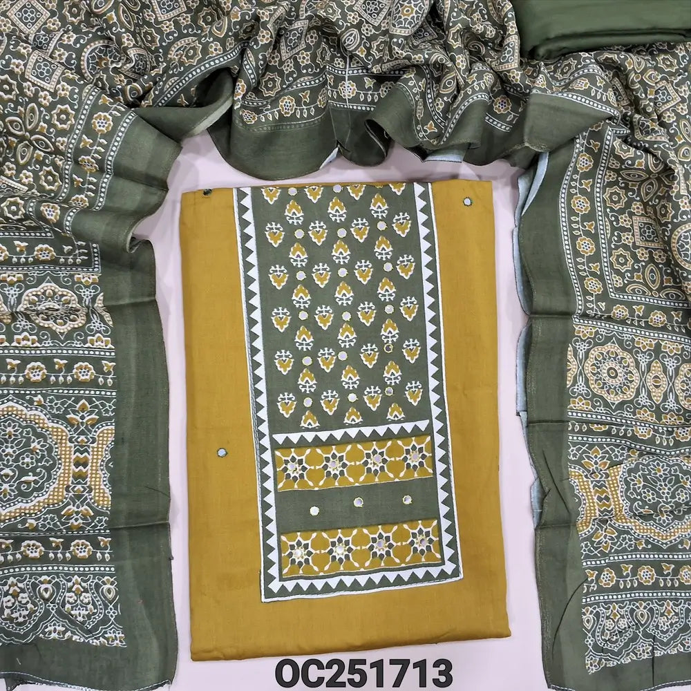Mehandhi Yellow rayon unstitched salwar material,(flowy, lining optional) digital printed, faux mirror on yoke, olive green spun cotton bottom, ajrak printed rayon dupatta.OC251713