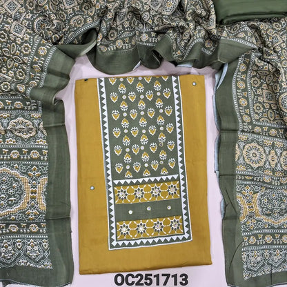 Mehandhi Yellow rayon unstitched salwar material,(flowy, lining optional) digital printed, faux mirror on yoke, olive green spun cotton bottom, ajrak printed rayon dupatta.OC251713