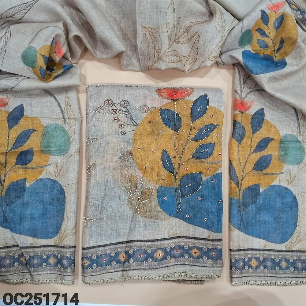 Light Grey Tissue Silk cotton unstitched salwar material,(soft, lining needed) digital printed, heavy bead work on front,  matching spun cotton bottom, digital printed tissue silk cotton dupatta with tapings. OC251714