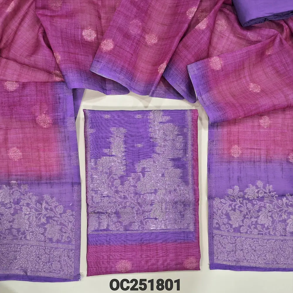 Pink Silk Cotton unstitched salwar material(thin, lining needed),benarasi weaving buttas allover, light purple patch work on yoke, light purple spun cotton bottom, banarasi woven silk cotton dupatta. OC251801