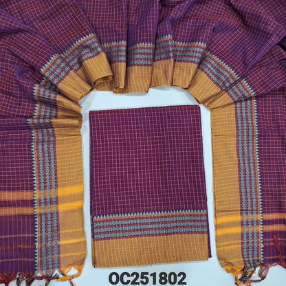 Purple south mercerized handloom cotton unstitched salwar material(thin, lining needed) checked allover with contrast traditional thread woven border, bottom included with top, checked mercerized handloom cotton dupatta with tassels. OC251802