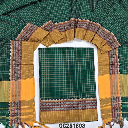 Bottle Green south mercerized handloom cotton unstitched salwar material(thin, lining needed) checked allover with contrast traditional thread woven border, bottom included with top, checked mercerized handloom cotton dupatta with tassels. OC251803