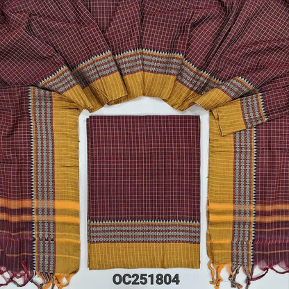 Dark Maroon south mercerized handloom cotton unstitched salwar material(thin, lining needed) checked allover with contrast traditional thread woven border, bottom included with top, checked mercerized handloom cotton dupatta with tassels. OC251804
