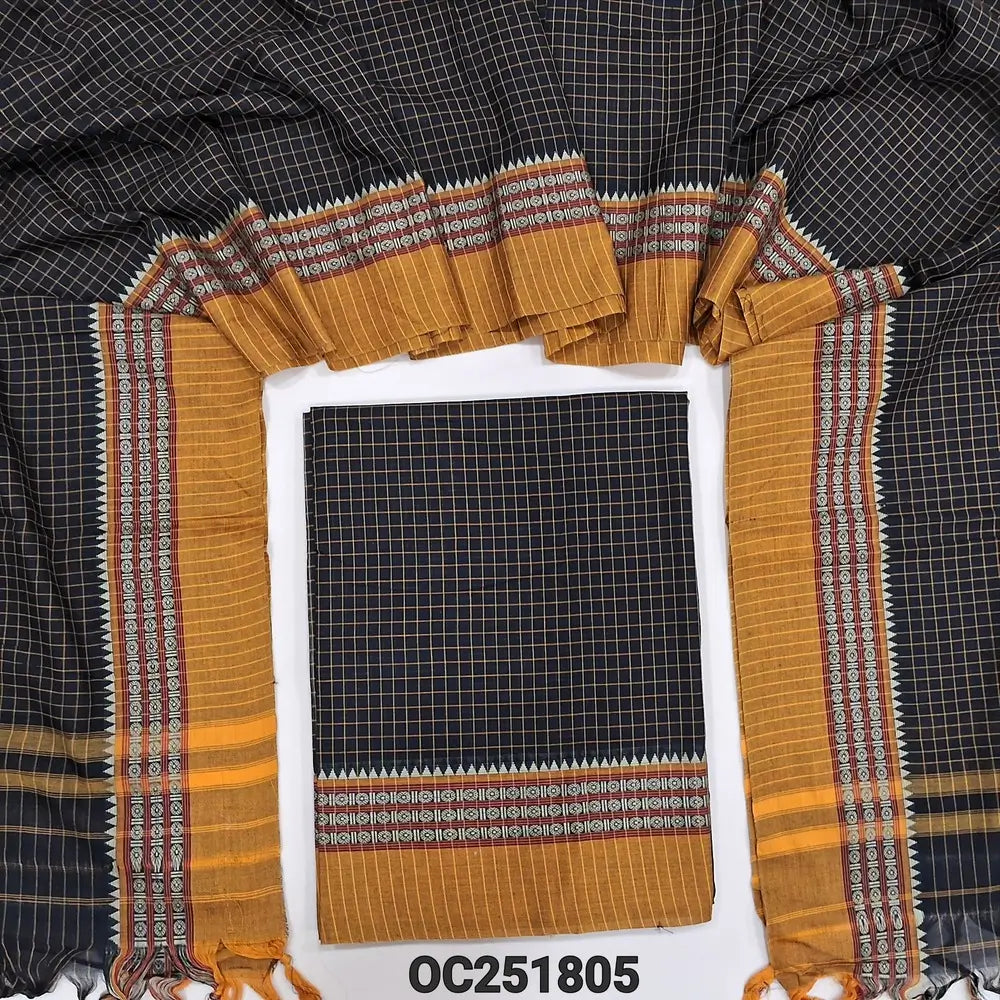 Black south mercerized handloom cotton unstitched salwar material(thin, lining needed) checked allover with contrast traditional thread woven border, bottom included with top, checked mercerized handloom cotton dupatta with tassels. OC251805