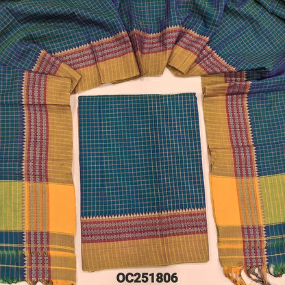 Teal Blue south mercerized handloom cotton unstitched salwar material(thin, lining needed) checked allover with contrast traditional thread woven border, bottom included with top, checked mercerized handloom cotton dupatta with tassels. OC251806