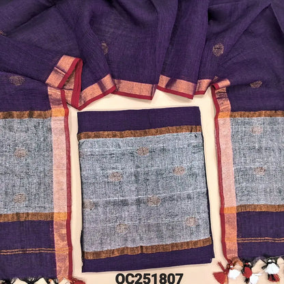 Designer Purple jamdani woven pure linen unstitched salwar material(thin, lining needed), silver jamdani woven in daman, NO BOTTOM, jamdani woven pure linen dupatta with tissue borders& tassels. OC251807