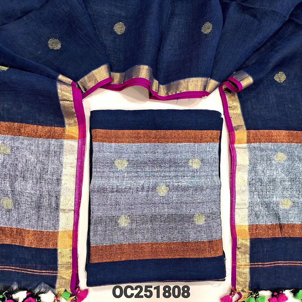 Designer Dark Blue jamdani woven pure linen unstitched salwar material(thin, lining needed), silver jamdani woven in daman, NO BOTTOM, jamdani woven pure linen dupatta with tissue borders& tassels. OC251808