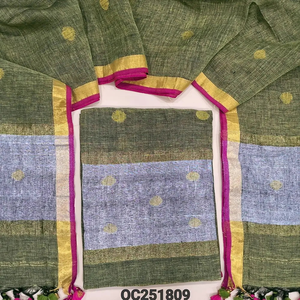 Designer light olive Green jamdani woven pure linen unstitched salwar material(thin, lining needed), silver jamdani woven in daman, NO BOTTOM, jamdani woven pure linen dupatta with tissue borders& tassels. OC251809