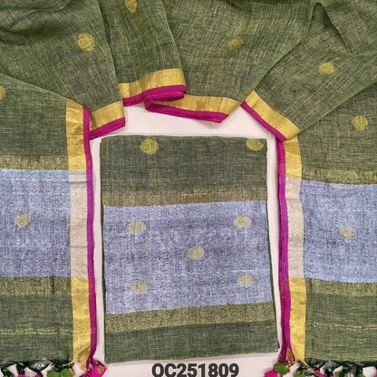 Designer light olive Green jamdani woven pure linen unstitched salwar material(thin, lining needed), silver jamdani woven in daman, NO BOTTOM, jamdani woven pure linen dupatta with tissue borders& tassels. OC251809
