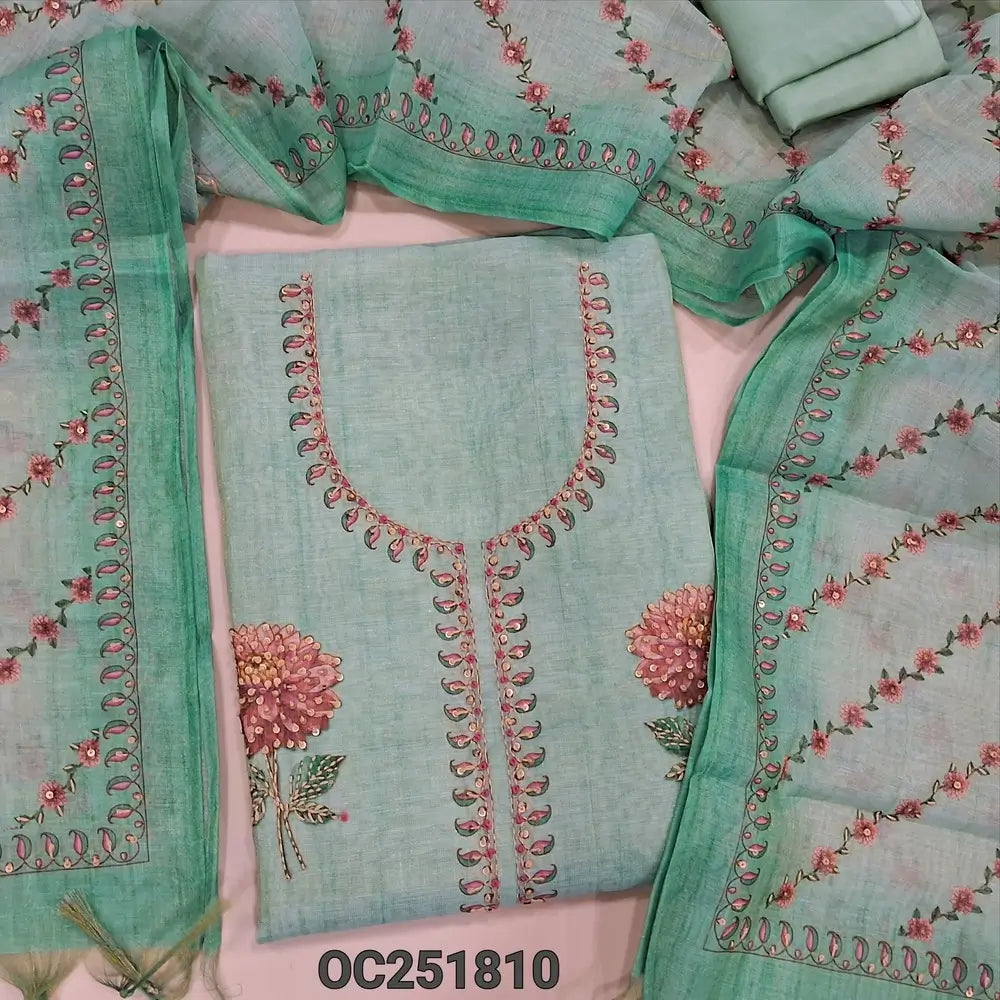 Pastel Green Tissue silk cotton unstitched salwar material (thin, lining needed), digital print, bead work on front, matching santoon bottom, Digital printed, thread work on tissue silk cotton full length dupatta with tassels. OC251810
