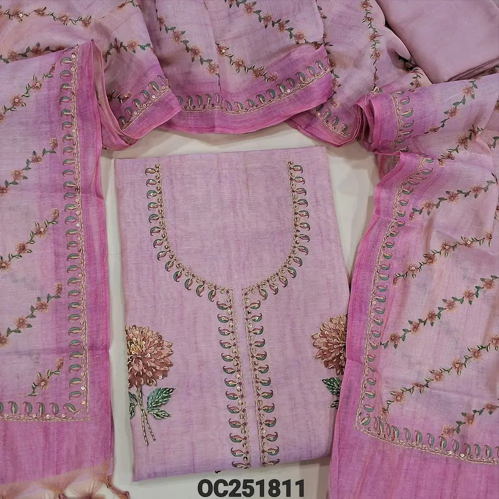 Pastel Pink Tissue silk cotton unstitched salwar material (thin, lining needed), digital print, bead work on front, matching santoon bottom, Digital printed, thread work on tissue silk cotton full length dupatta with tassels. OC251811