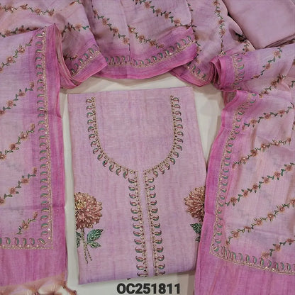 Pastel Pink Tissue silk cotton unstitched salwar material (thin, lining needed), digital print, bead work on front, matching santoon bottom, Digital printed, thread work on tissue silk cotton full length dupatta with tassels. OC251811