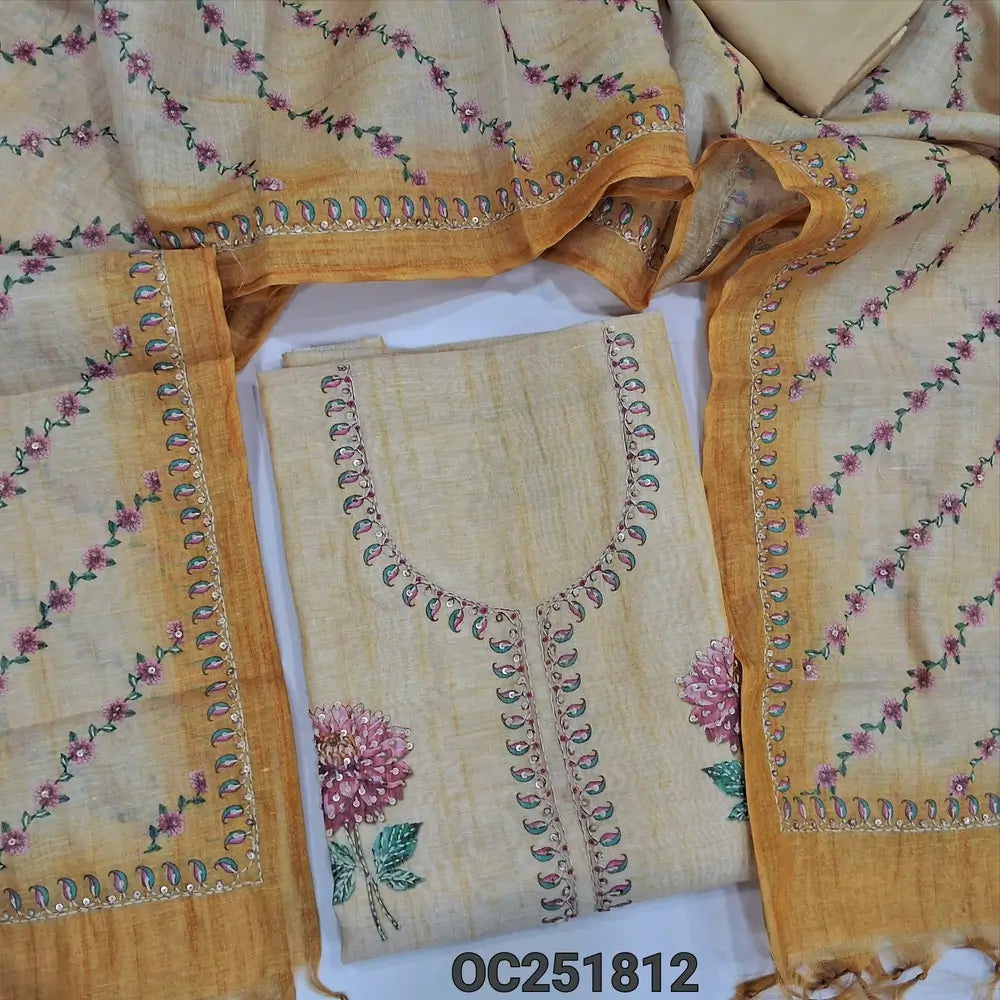 Beige Tissue silk cotton unstitched salwar material (thin, lining needed), digital print, bead work on front, matching santoon bottom, Digital printed, thread work on tissue silk cotton lull length dupatta with tassels. OC251812