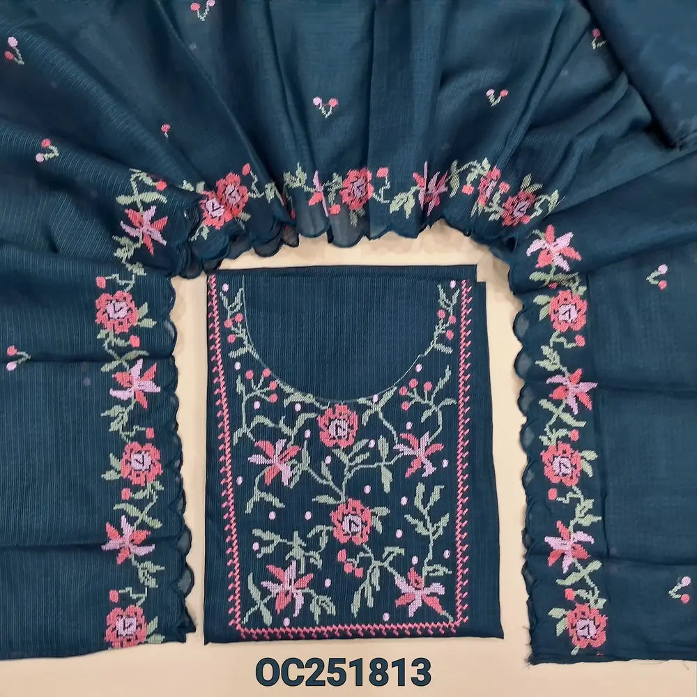 Dark Blue kota silk cotton unstitched salwar material (thin, lining needed), embroidery work on yoke, matching silky bottom, embroidery work on kota silk cotton dupatta. OC251813