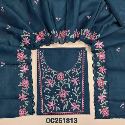 Dark Blue kota silk cotton unstitched salwar material (thin, lining needed), embroidery work on yoke, matching silky bottom, embroidery work on kota silk cotton dupatta. OC251813