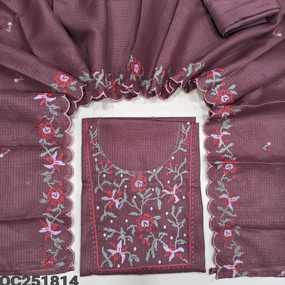Dark Onion Pink kota silk cotton unstitched salwar material (thin, lining needed), embroidery work on yoke, matching silky bottom, embroidery work on kota silk cotton dupatta. OC251814