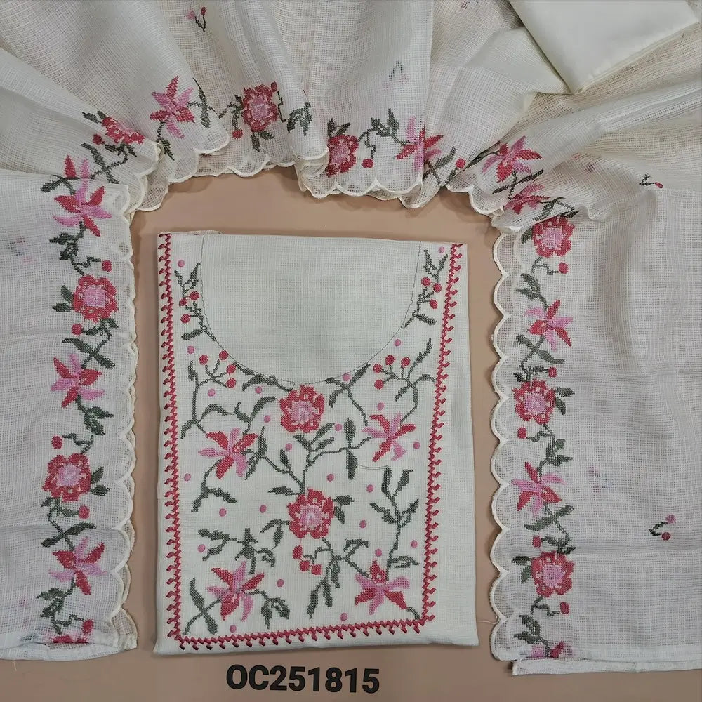 Half White kota silk cotton unstitched salwar material (thin, lining needed), embroidery work on yoke, matching silky bottom, embroidery work on kota silk cotton dupatta. OC251815