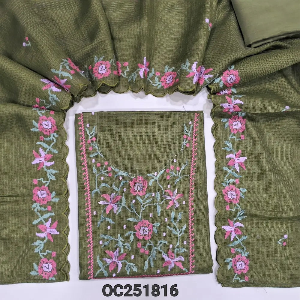 Olive Green kota silk cotton unstitched salwar material (thin, lining needed), embroidery work on yoke, matching silky bottom, embroidery work on kota silk cotton dupatta. OC251816