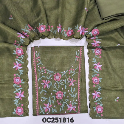 Olive Green kota silk cotton unstitched salwar material (thin, lining needed), embroidery work on yoke, matching silky bottom, embroidery work on kota silk cotton dupatta. OC251816