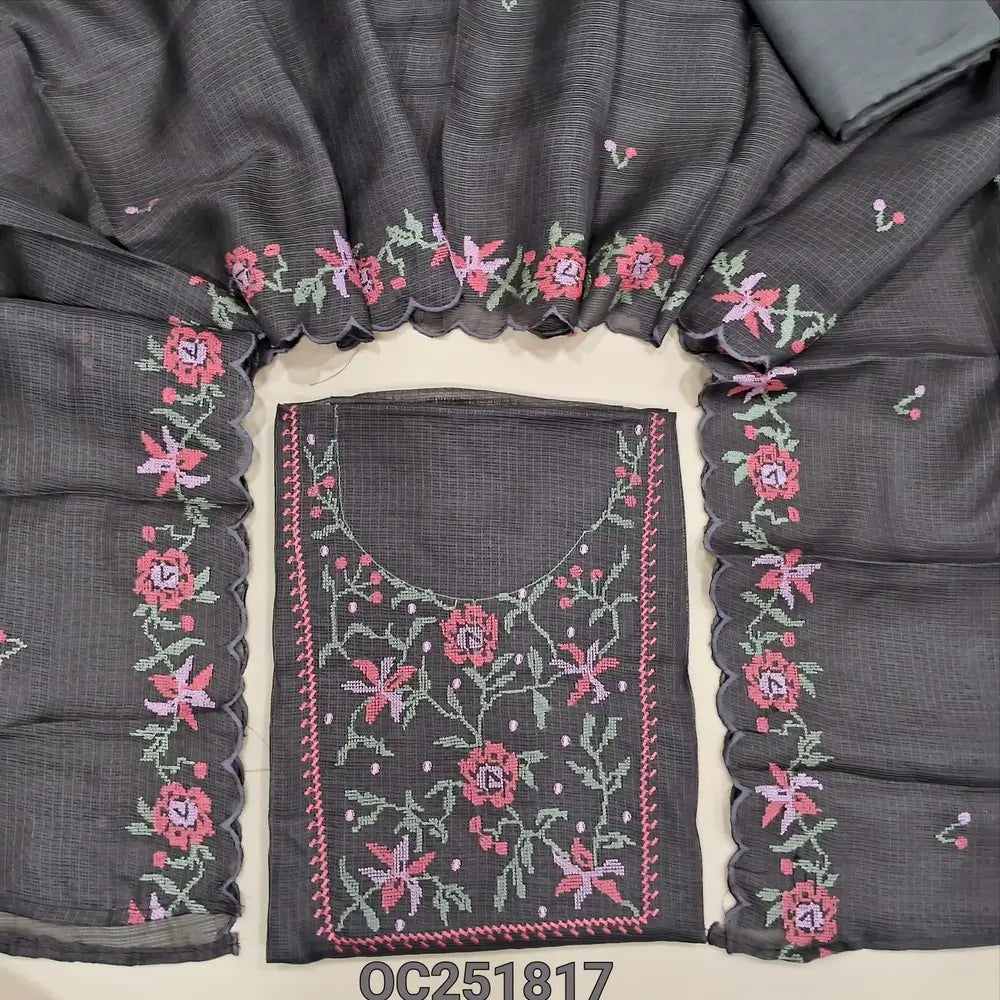 Dark Grey kota silk cotton unstitched salwar material (thin, lining needed), embroidery work on yoke, matching silky bottom, embroidery work on kota silk cotton dupatta. OC251817