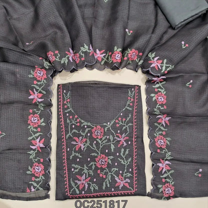 Dark Grey kota silk cotton unstitched salwar material (thin, lining needed), embroidery work on yoke, matching silky bottom, embroidery work on kota silk cotton dupatta. OC251817