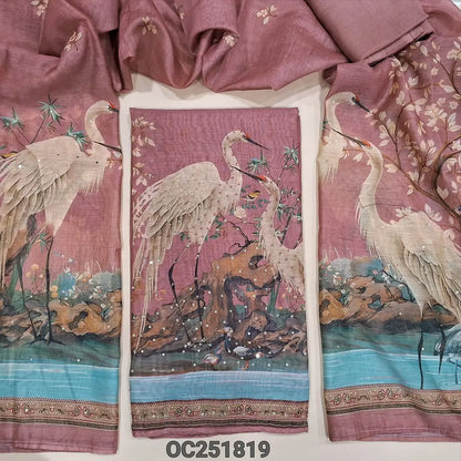 Pink premium silk cotton unstitched salwar material (thin, lining needed), digital printed, sequence, bead work on front, matching santoon bottom, digital printed premium silk cotton dupatta. OC251819