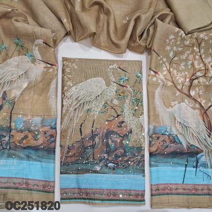 Rich Beige premium silk cotton unstitched salwar material (thin, lining needed), digital printed, sequence, bead work on front, matching santoon bottom, digital printed premium silk cotton dupatta. OC251820