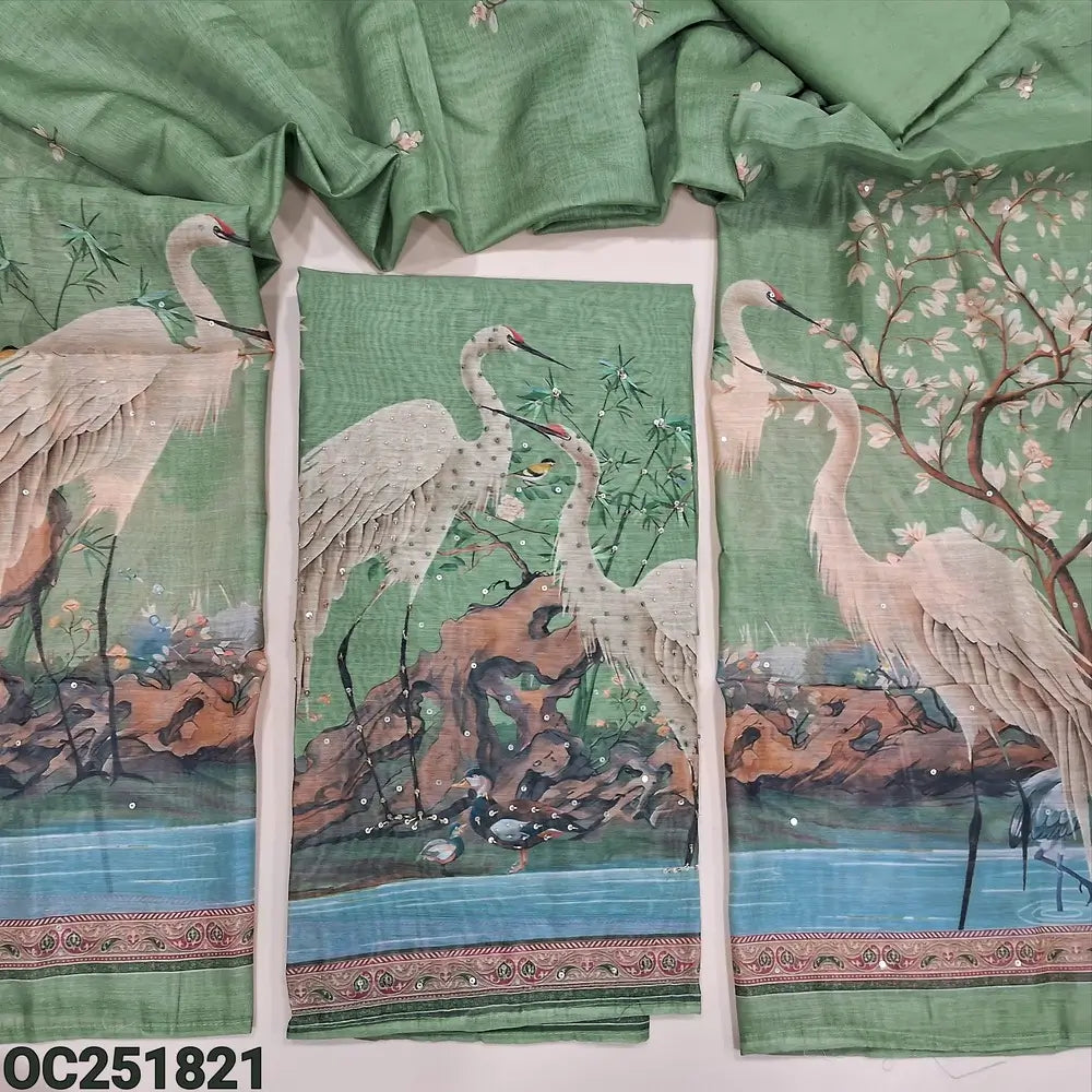 Pastel Green premium silk cotton unstitched salwar material (thin, lining needed), digital printed, sequence, bead work on front, matching santoon bottom, digital printed premium silk cotton dupatta. OC251821