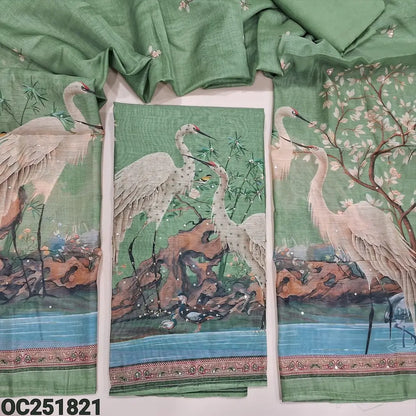 Pastel Green premium silk cotton unstitched salwar material (thin, lining needed), digital printed, sequence, bead work on front, matching santoon bottom, digital printed premium silk cotton dupatta. OC251821