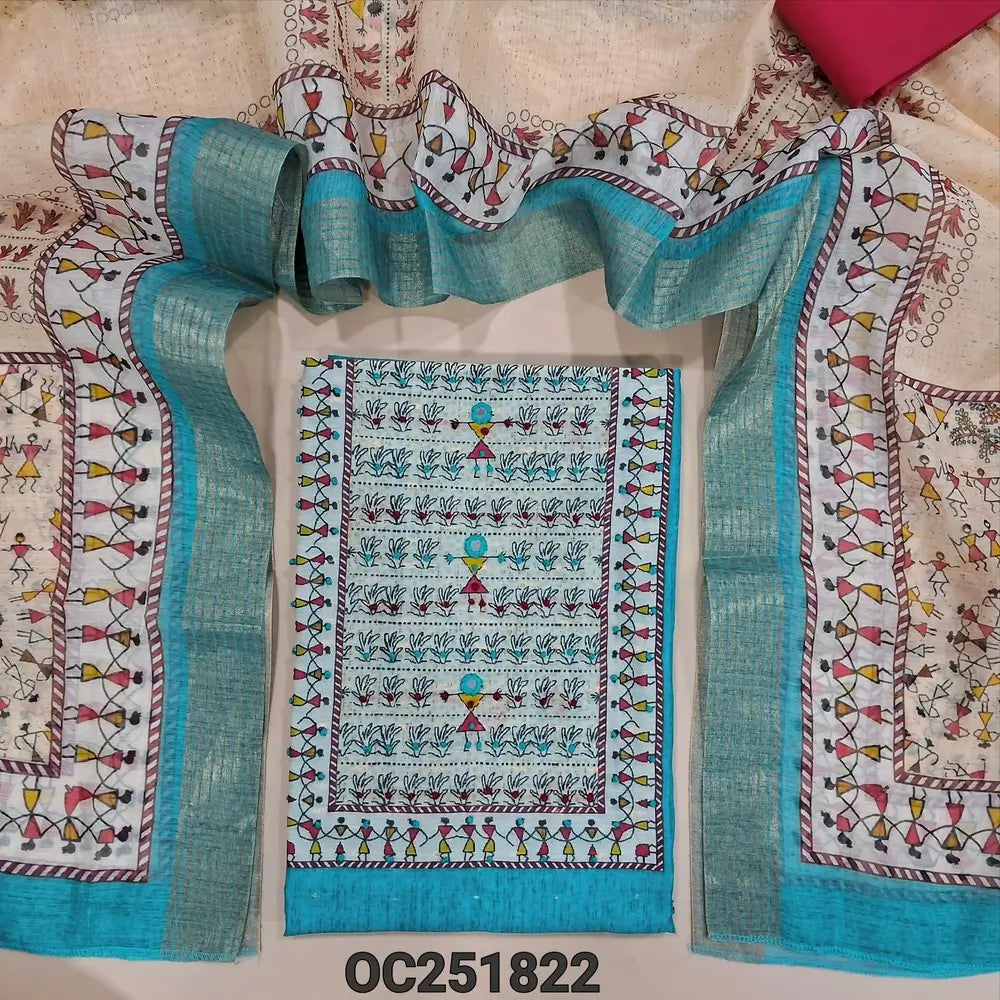 Pastel Blue silk cotton unstitched salwar material (thin, lining needed), digital printed on yoke, zari buttas allover, dark pink cotton bottom, digital printed silk cotton dupatta. OC251822