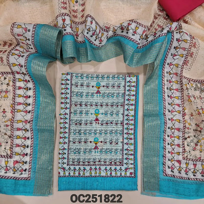 Pastel Blue silk cotton unstitched salwar material (thin, lining needed), digital printed on yoke, zari buttas allover, dark pink cotton bottom, digital printed silk cotton dupatta. OC251822