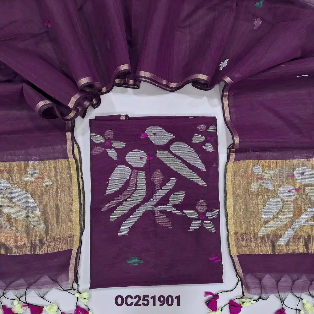 Beetroot Purple Muslin Jamdani unstitched salwar material, heavy hand Weaving yoke (Thin, Lining Needed) NO BOTTOM, Jamdani woven full length dupatta with paithani weaving on pallu and handmade tassels. OC251905