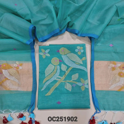 Pastel Blue Muslin Jamdani unstitched salwar material, heavy hand Weaving yoke (Thin, Lining Needed) NO BOTTOM, Jamdani woven full length dupatta with paithani weaving on pallu and handmade tassels. OC251902