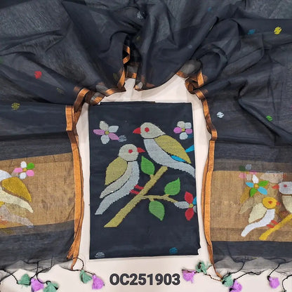 Black Muslin Jamdani unstitched salwar material, Weaving yoke (Thin, Lining Needed) NO BOTTOM, Jamdani woven full length dupatta with paithani weaving on pallu and handmade tassels. OC251903