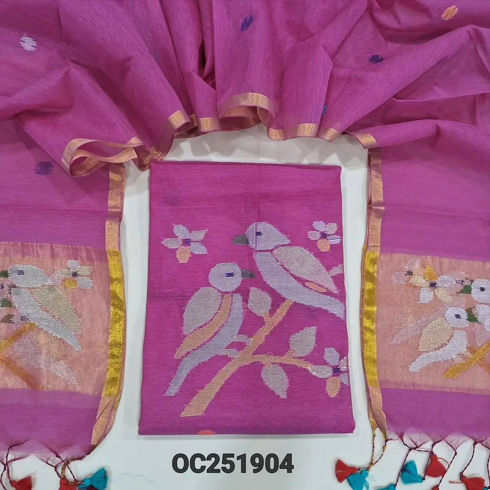 Bright Pink Muslin Jamdani unstitched salwar material, heavy hand Weaving yoke (Thin, Lining Needed) NO BOTTOM, Jamdani woven full length dupatta with paithani weaving on pallu and handmade tassels. OC251904