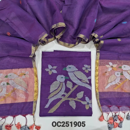 Dark Purple Muslin Jamdani unstitched salwar material, Weaving yoke (Thin, Lining Needed) NO BOTTOM, Jamdani woven full length dupatta with paithani weaving on pallu and handmade tassels. OC251901
